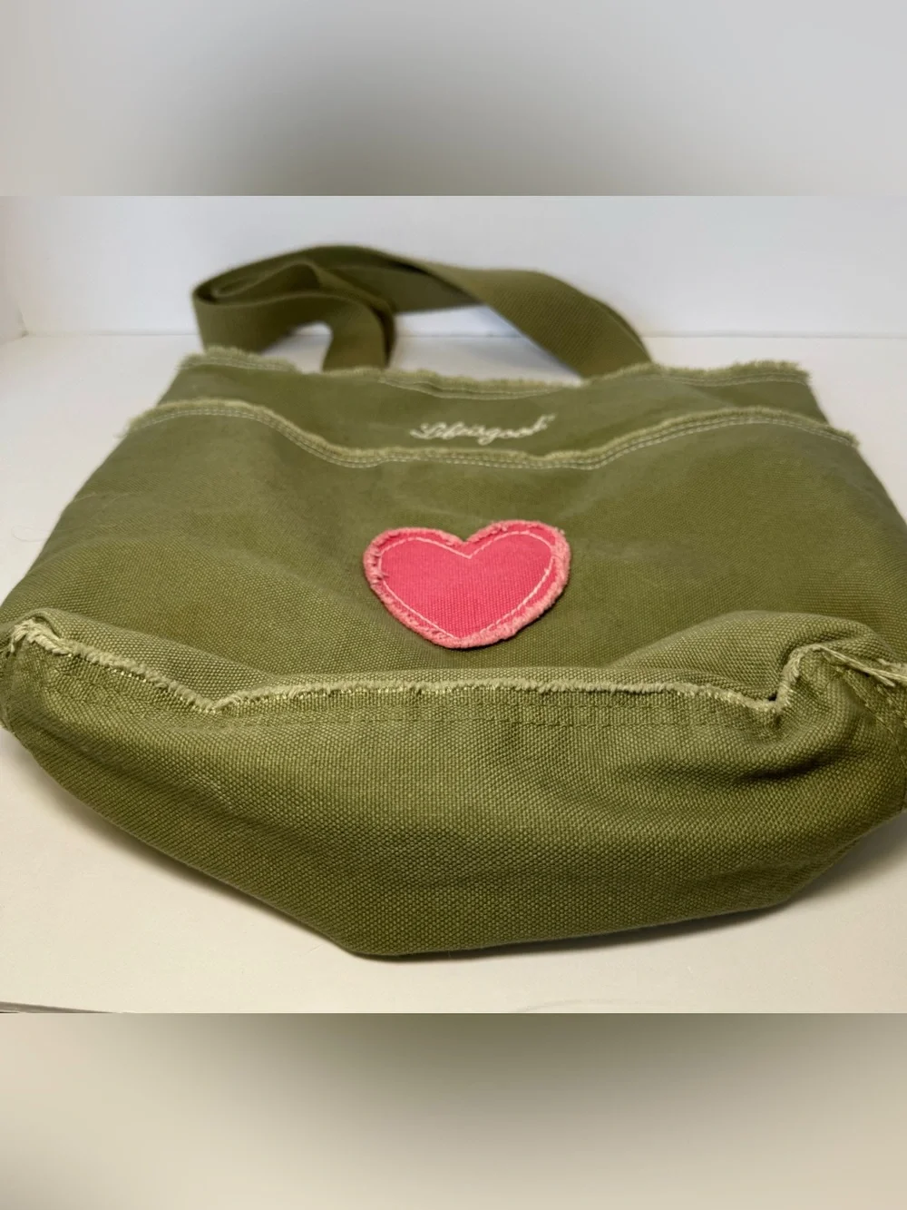Life is Good Olive Canvas Frayed Heart Tote